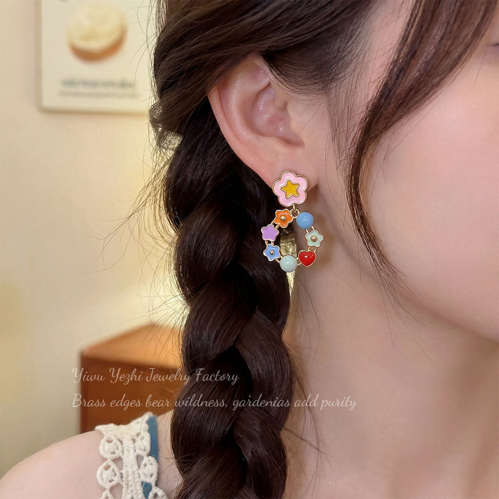 Korean-style Colorful Floral Spring-summer Earrings For Girls, Cute And Versatile, Sweet Hoop Earrings With Stars And Geometric Designs, Exquisite New Earrings