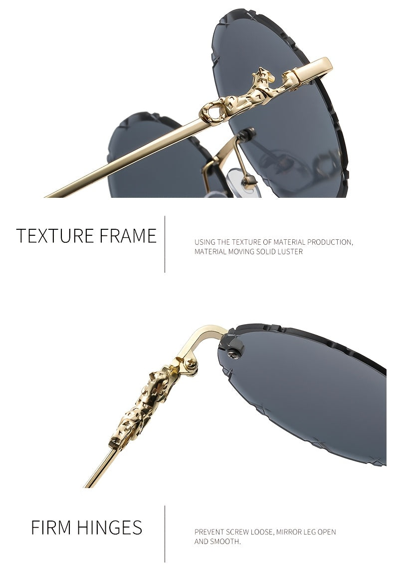 2 Pcs Rimless Oval Sunglasses For Women Uv400 Protective Gradient Lens Eyewear Delicate Flower Metal Decor Wooden Texture Temple Suitable For Beach Travel Party And Daily Fashion Matching.