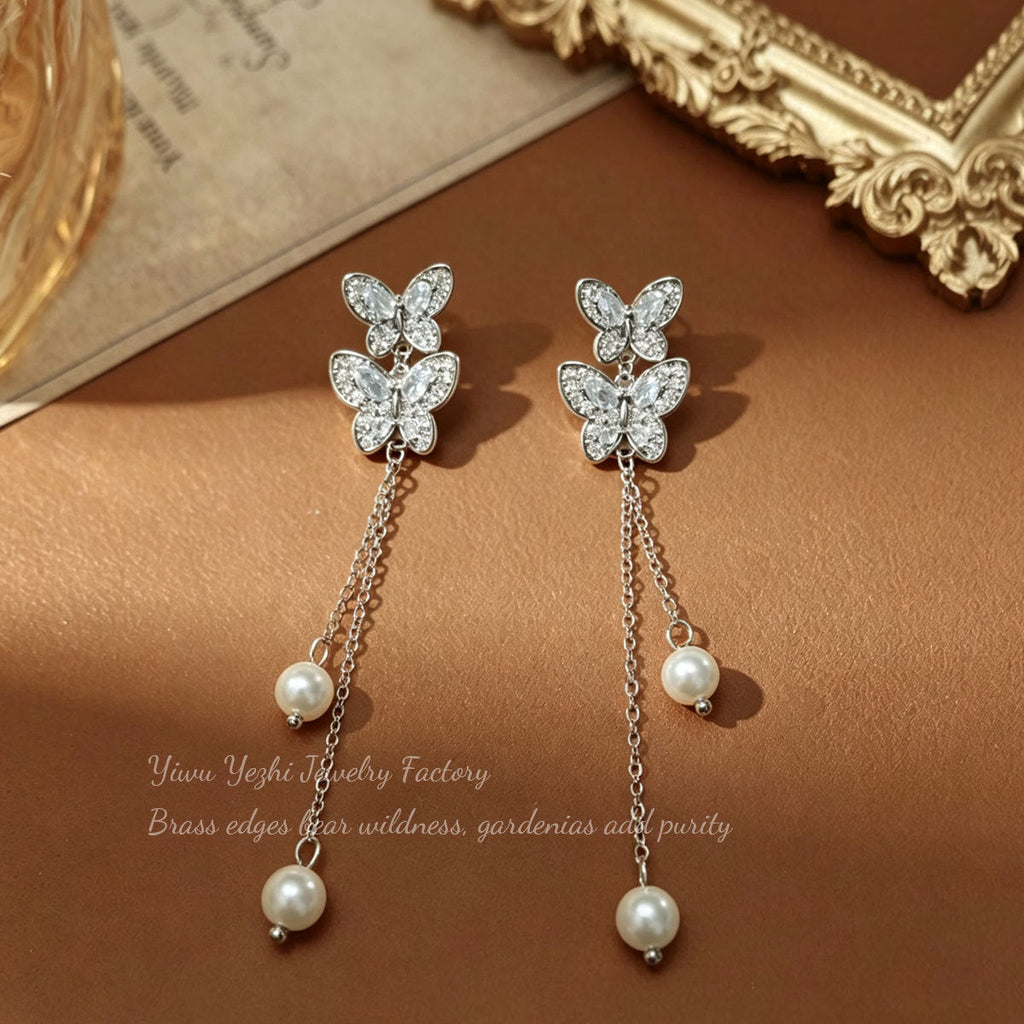 Korean-style Pearl Tassel Double Butterfly Earrings For Women, Unique Design, Niche Earrings, 2026 New Model, High-end Earrings