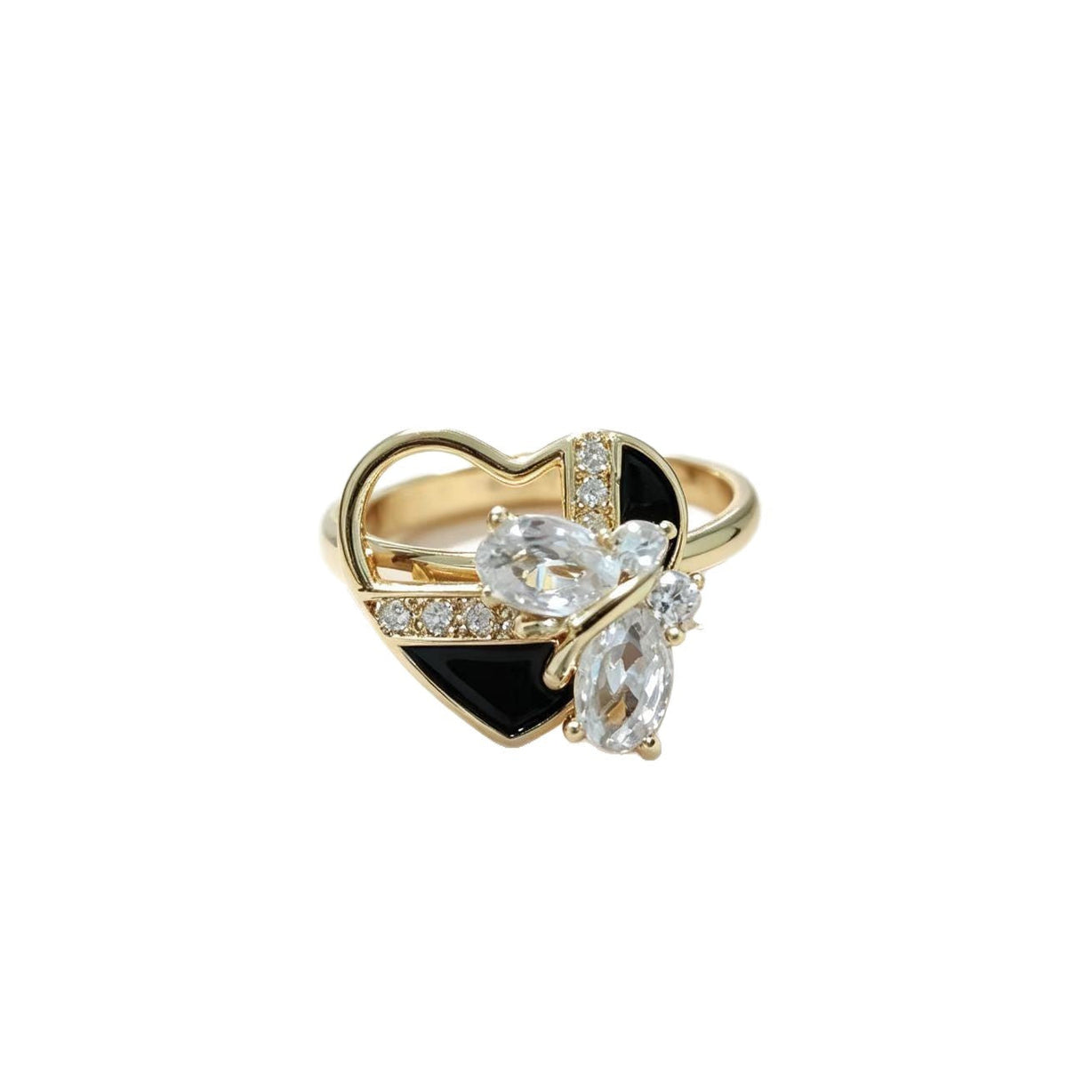 Golden Vintage Open Adjustable Ring With Black Enamel And Diamonds