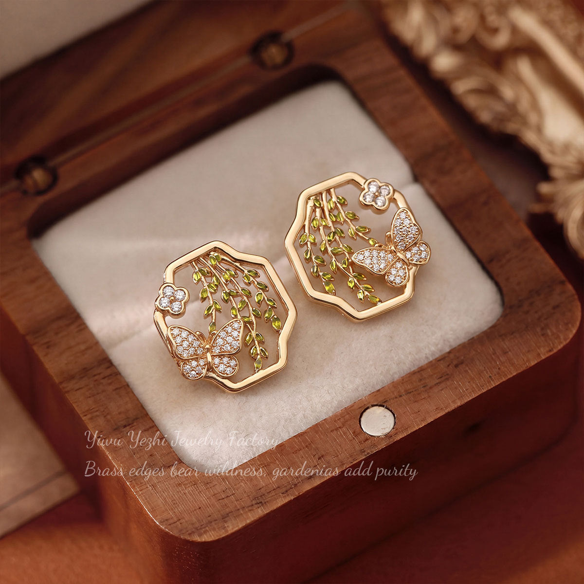 French Vintage Enamel Geometric Stud Earrings For Women, High-end Butterfly And Willow Tree Earrings, 18K Gold Hollow Earrings