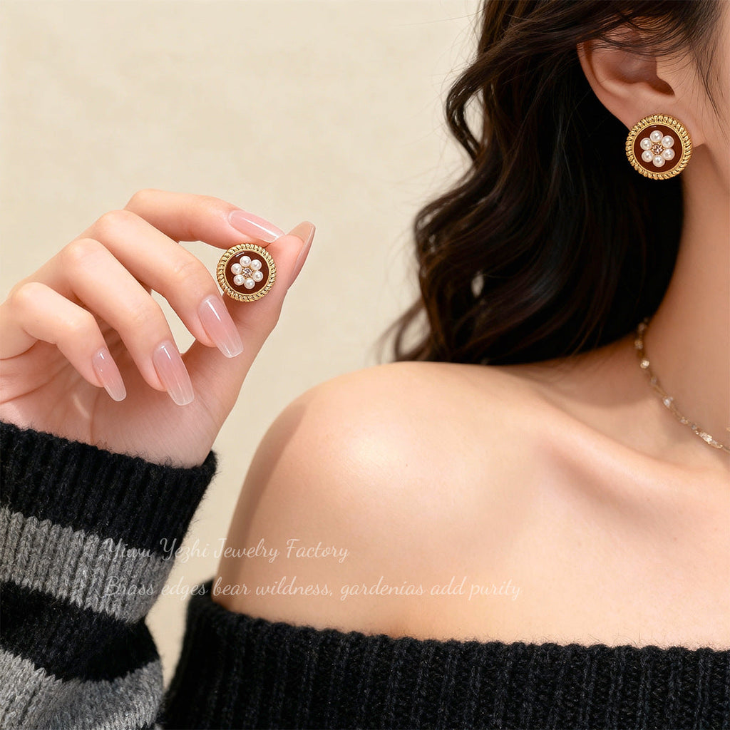 French Burgundy Oil Drop Flower Earrings For Women, Retro Hong Kong Style, High-End Earrings, Accessible Luxury, Second-Hand Earrings For Women