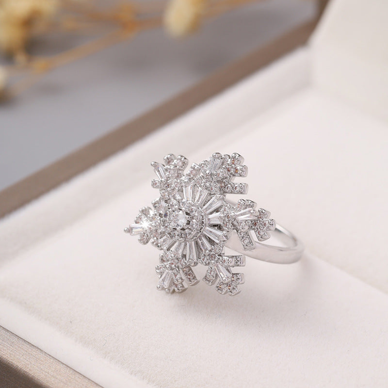 Korean Style Fashion New Snowflake Double-layer Rotatable Open Ring Female Ins Style Texture Adjustable Ring Fashion