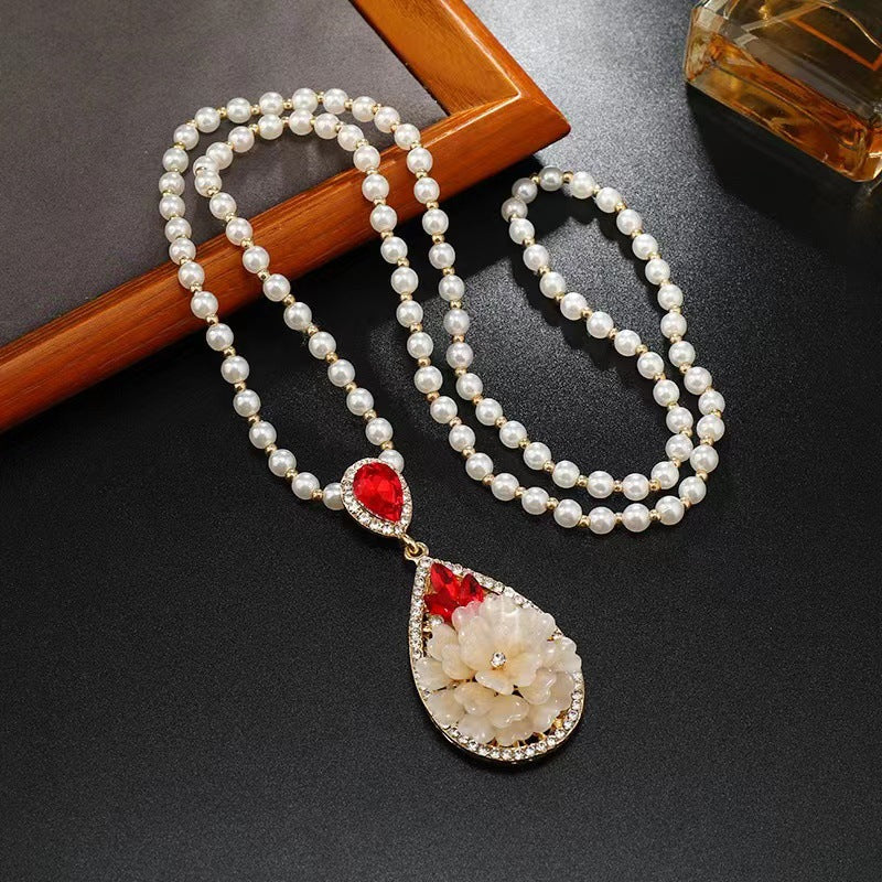 Korean Style Versatile Fashion Flower Sweater Chain Autumn And Winter Accessories Long Necklace Women's High-End Cat's Eye Pendant Camellia