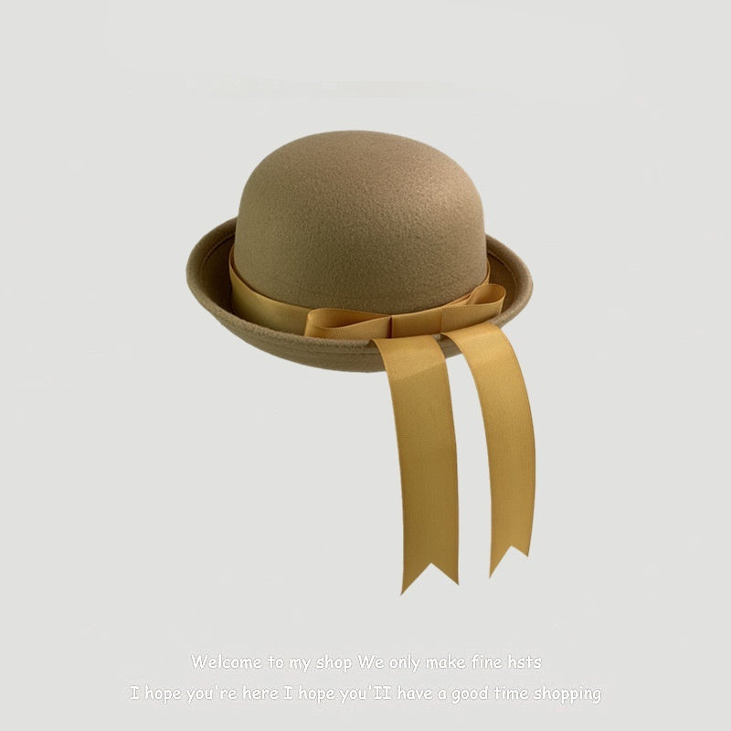Woolen Preppy-style Hat With A Bow And Ribbon