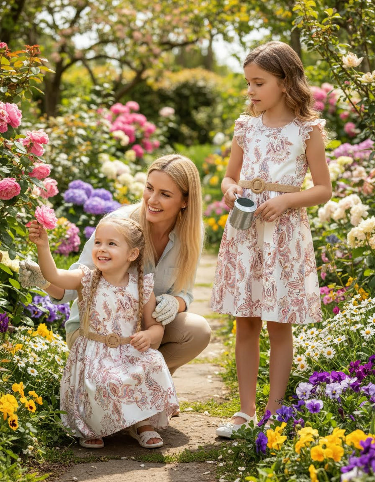 PATPAT Vestido bohemio floral con cinturón para niñas, manga con volantes, color albaricoque, 4-5 años