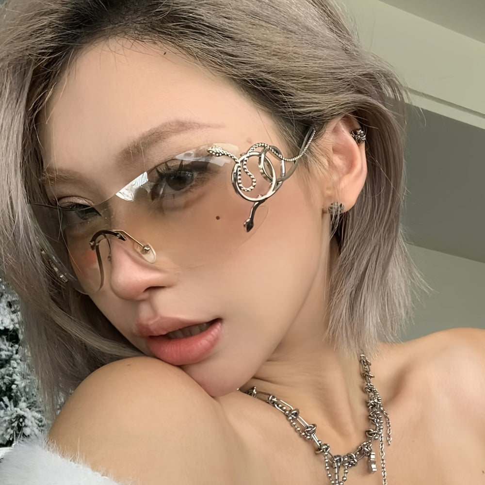Women Rimless One Piece Shield Sunglasses Uv400 Protective Gradient Lens Eyewear Luxury Metal Snake Ornament Design Lightweight Frame Suitable For Beach Travel Parties And Daily Fashion Outfit Matchin
