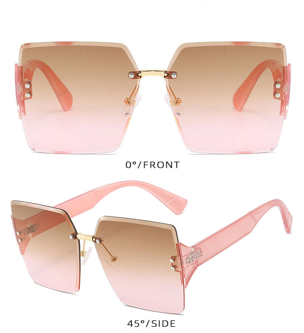 Women Rimless Oversized Square Sunglasses, Frameless Cut Edge Design Gradient Tinted Lenses, UV400 Protection Fashion Statement Eyewear, Lightweight Comfortable Sun Glasses Suitable For Beach Vacation
