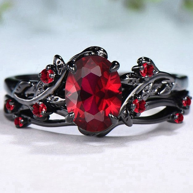 Sanjie Cross-border European And American Retro Foreign Trade Hot Selling Ruby Ring Gun Black Rose Branches Cross Pair Ring