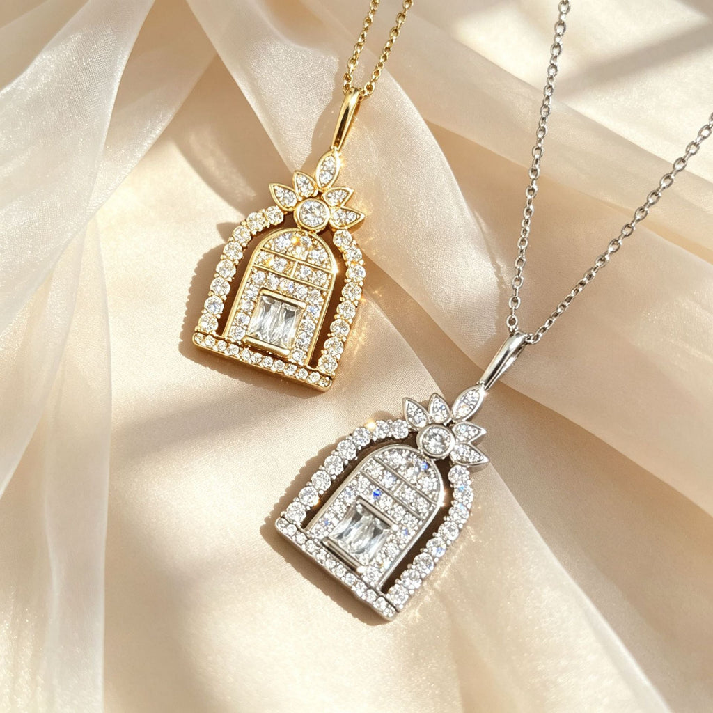 Full Zircon Castle Happiness Door Necklace For Women, Light Luxury High-End Clavicle Chain, Unique Design, Sparkling Pendant, Fashionable
