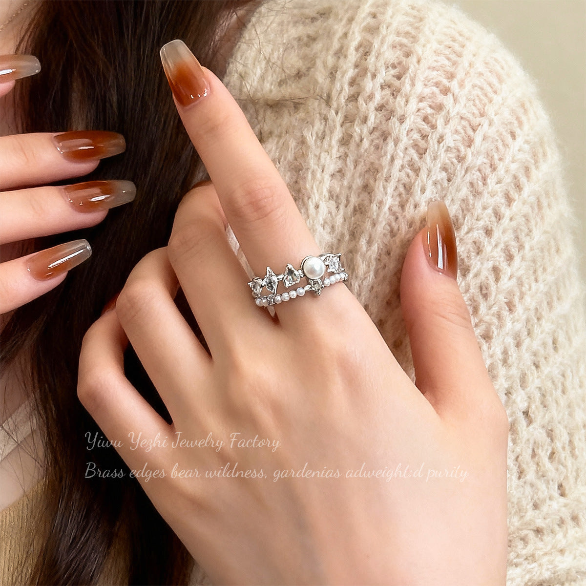 Japanese And Korean Fashion Simple Design Diamond-Encrusted Pearl Double-Layer Open Ring Personalized Accessible Luxury Versatile Index Finger Ring Accessories