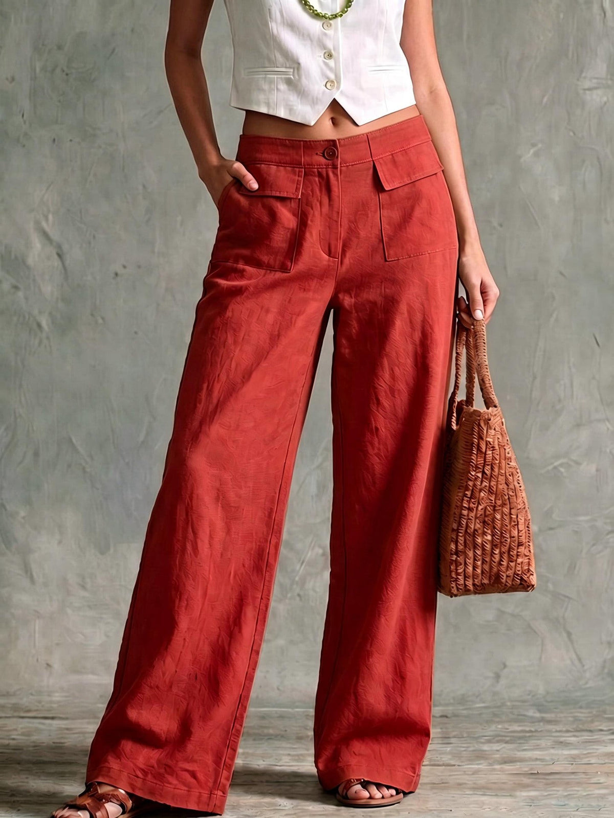Women's Solid Color Loose Fit Casual Pants - Elastic Waist Trousers for Daily Wear