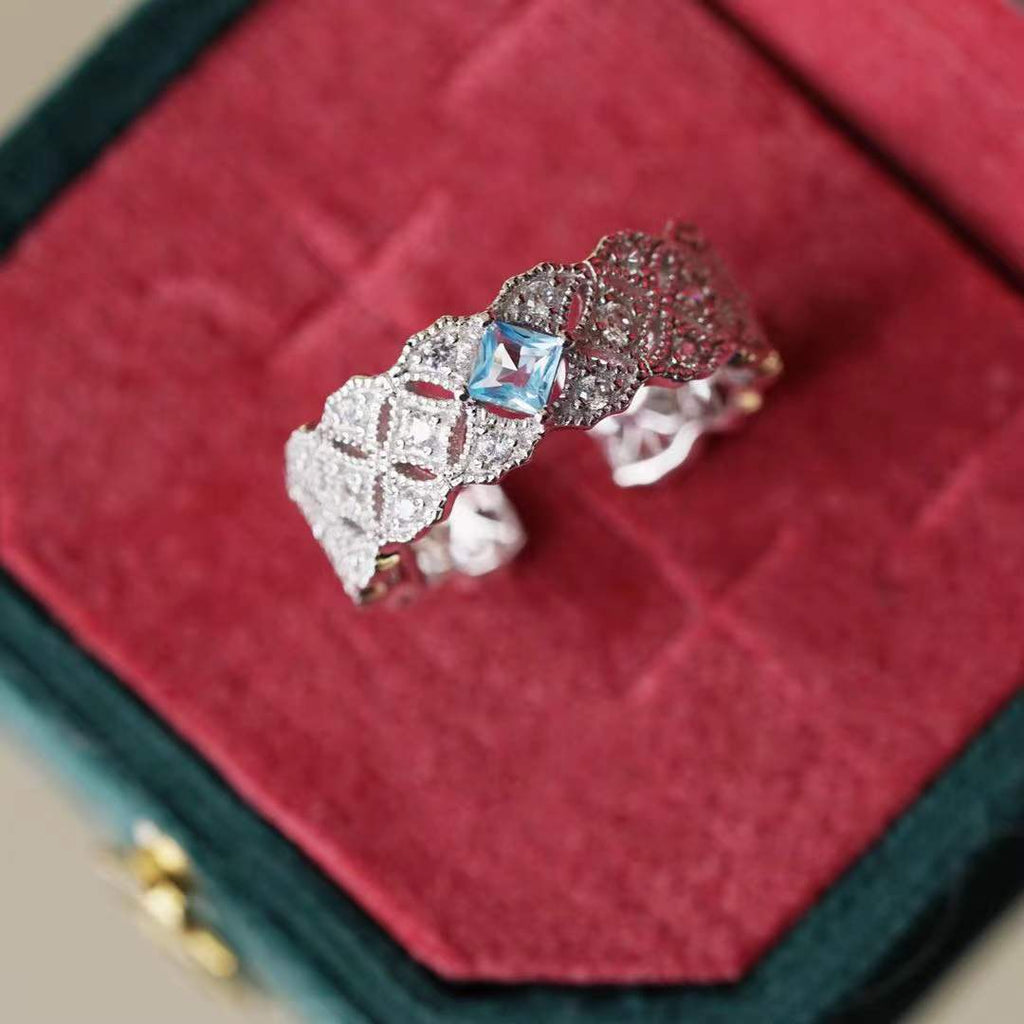 New Artificial Natural Blue Topaz Niche Open Wide Ring Women's Adjustable Retro Classic Lace Ring