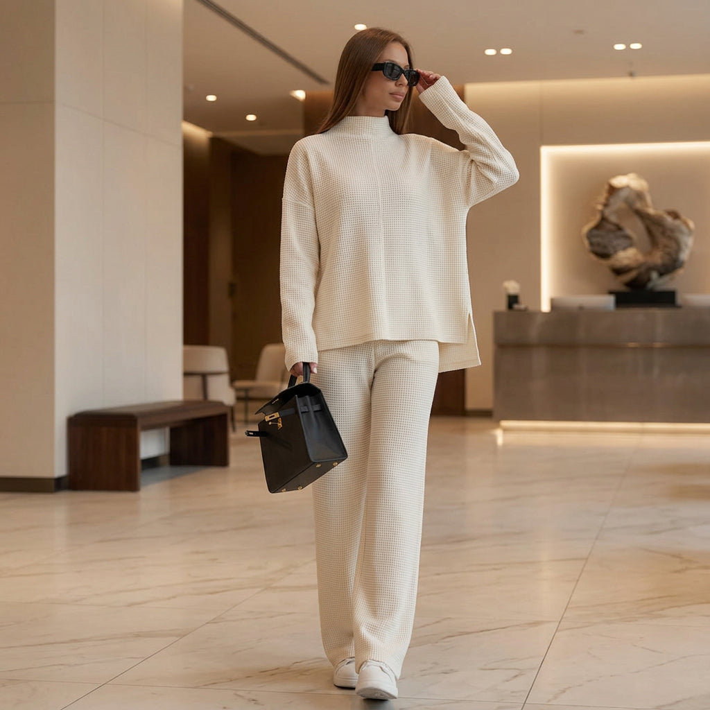 Women's Mock-Neck High-Low Sweater & Wide-Leg Pants Set