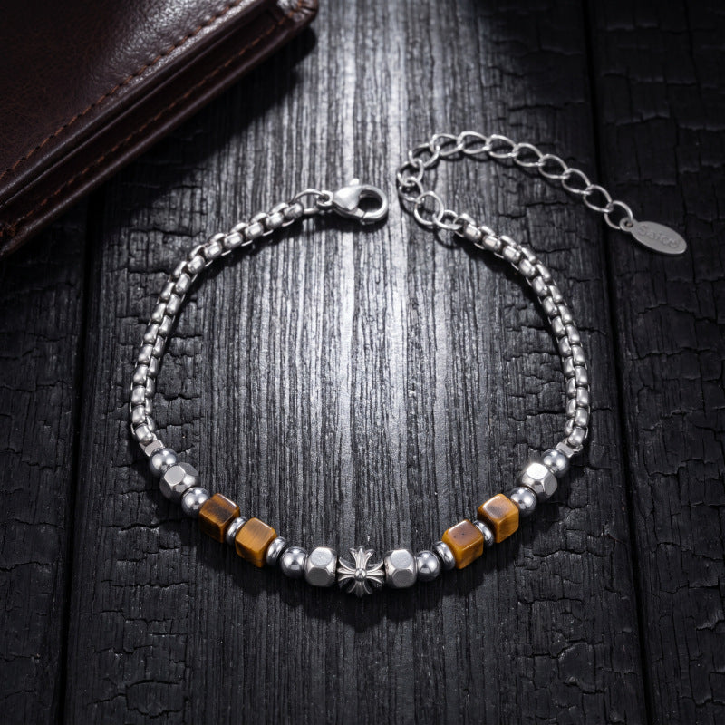 New Chinese Style Faceted Tiger Eye Stone Spliced Broken Silver Bracelet For Men, Hip Hop Luxury High-End Beaded Bracelet, Fashion Versatile Jewelry