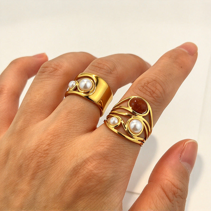 European & American Light Luxury  Pearl Titanium Steel Open Ring, Gold Plated Tarnish Resistant Stainless Steel Jewelry For Women, Cross-border Accessories