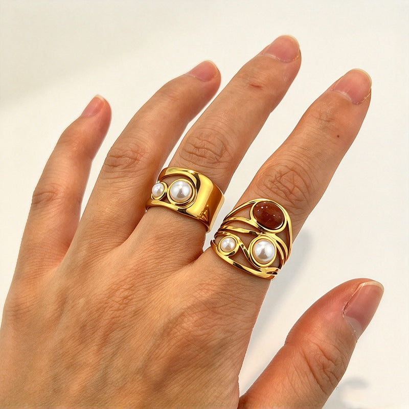 European & American Light Luxury  Pearl Titanium Steel Open Ring, Gold Plated Tarnish Resistant Stainless Steel Jewelry For Women, Cross-border Accessories