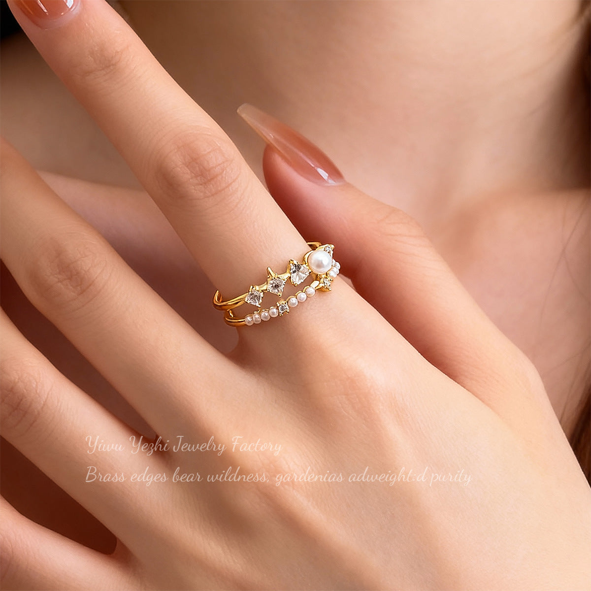 Japanese And Korean Fashion Simple Design Diamond-Encrusted Pearl Double-Layer Open Ring Personalized Accessible Luxury Versatile Index Finger Ring Accessories