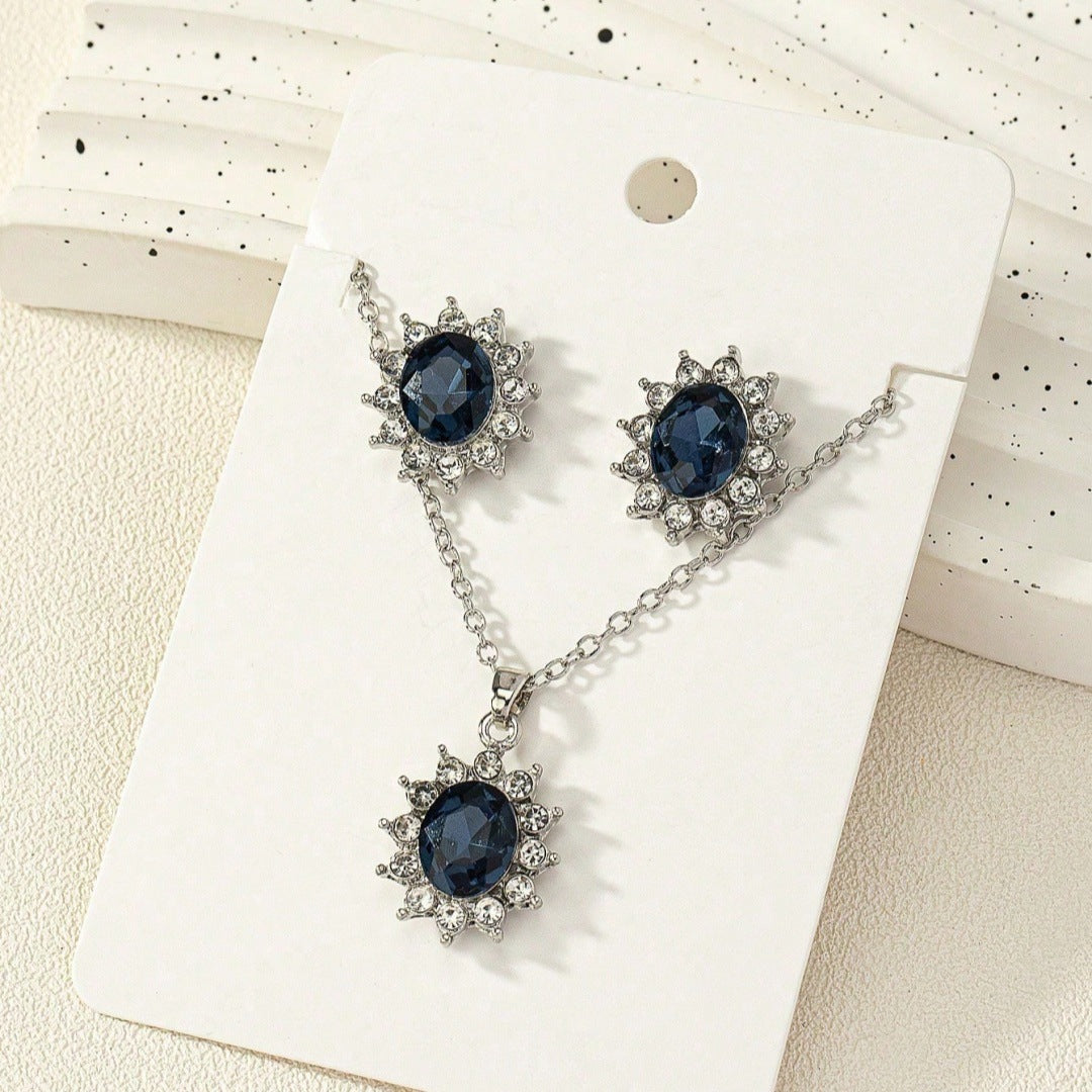European And American Fashion Set Jewelry Sunflower Zircon Earrings Princess Kate's Same Style Tanzanite Sapphire Necklace Pendant