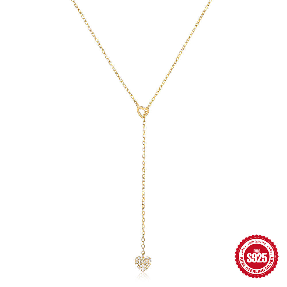 Fashionable And Minimalist S925 Sterling Silver Y-shaped Necklace With Double Hearts And Diamond Accents For Women