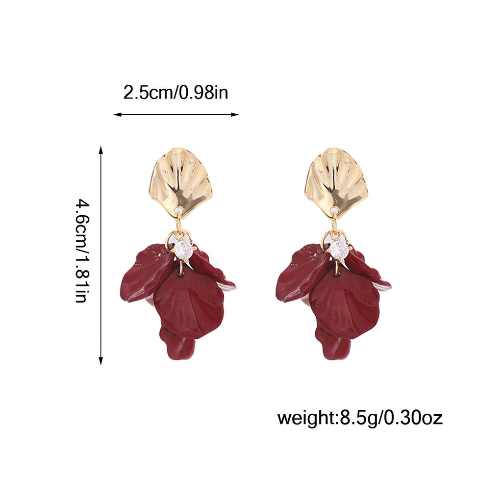 High-End Red Drip Glaze Petal Pendant Tassel Earrings, French Retro New Year Ear Clips, Versatile Personalized Accessories