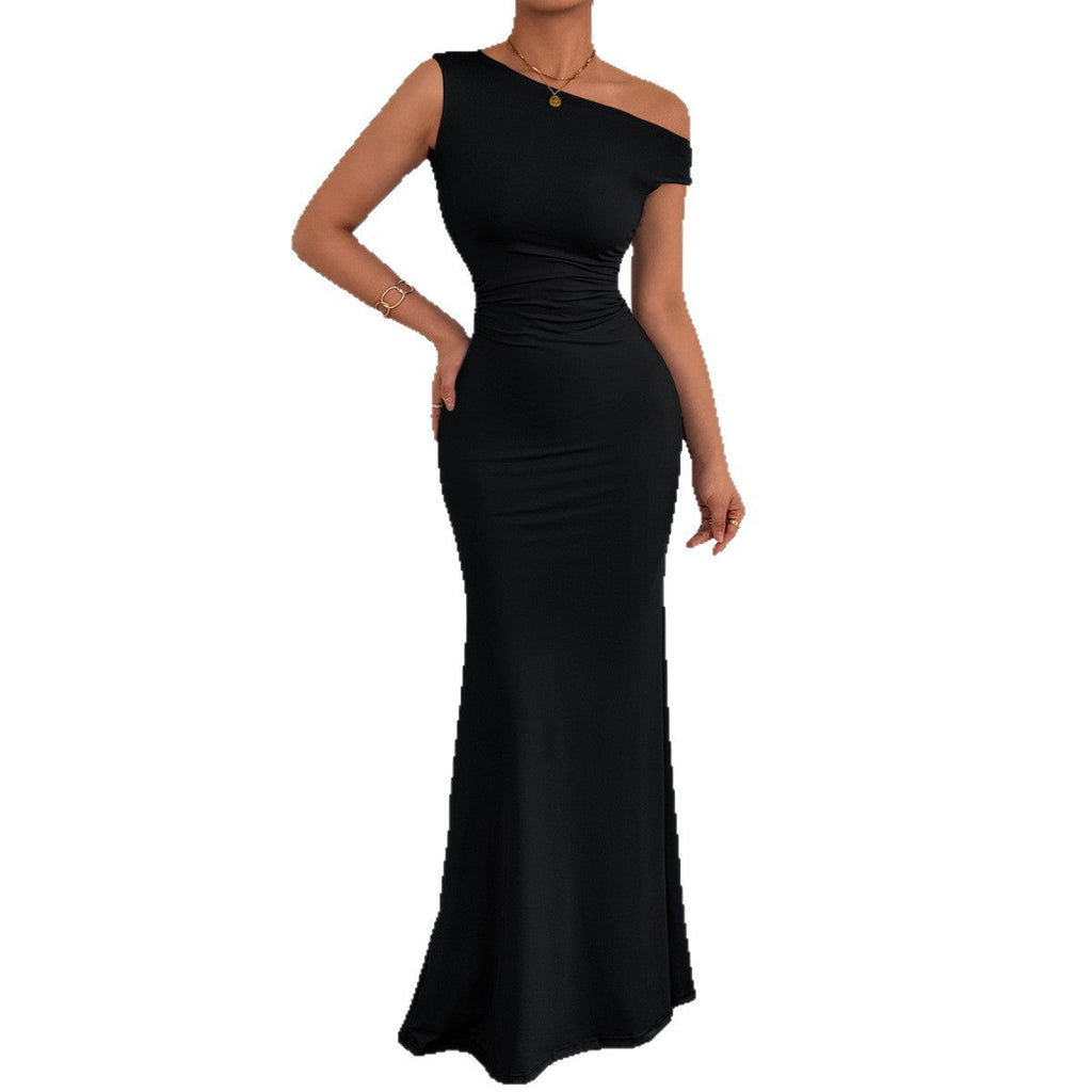 2026 European And American Cross-Border Women's Fishtail Dress, Amazon's Best-Selling One-Shoulder Neckline, Waist Pleated, Sleeveless Sexy Dress