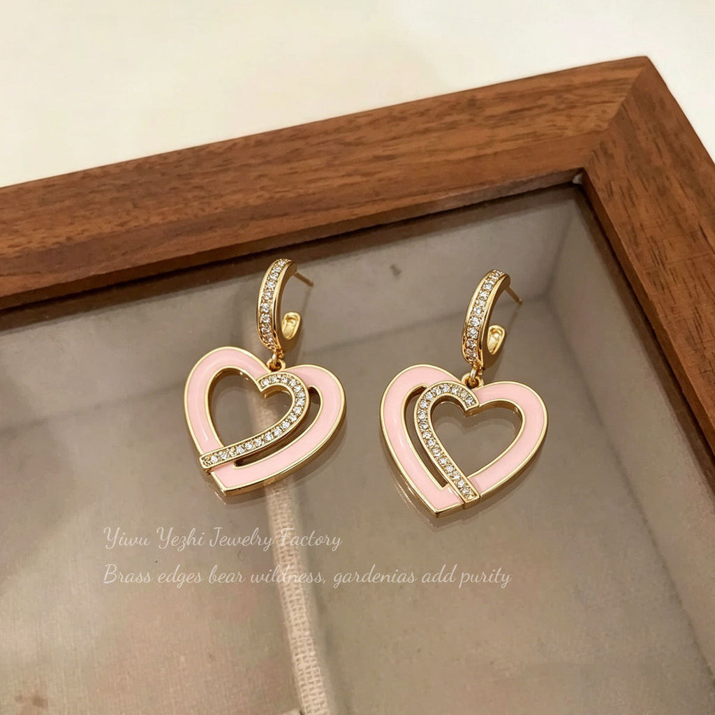 Korean-style Retro Fashion Oil-drip Heart Earrings For Women, New Unique Niche Zircon Heart-shaped Earrings