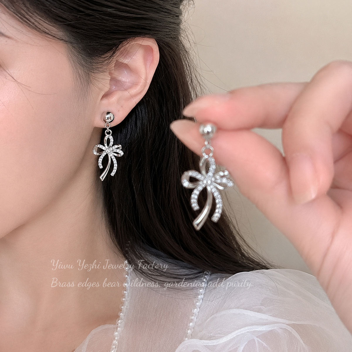 Korean-Style Lace Bow Zircon Earrings For Women, Light Luxury Niche High-End Earrings With Unique Design And Elegant Temperament