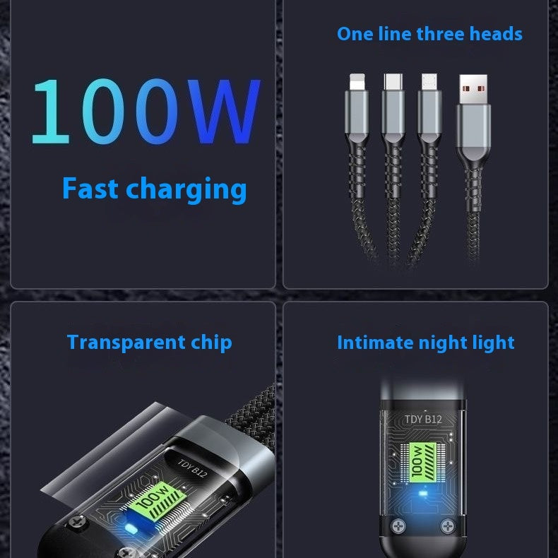 Mobile Phone Data Cable One-to-three Digital Display With Light Three-in-one Fast Charge Car Charging Cable