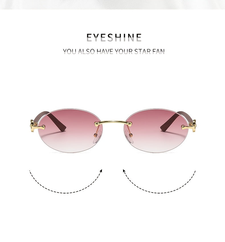 2 Pcs Rimless Oval Sunglasses For Women Uv400 Protective Gradient Lens Eyewear Delicate Flower Metal Decor Wooden Texture Temple Suitable For Beach Travel Party And Daily Fashion Matching.