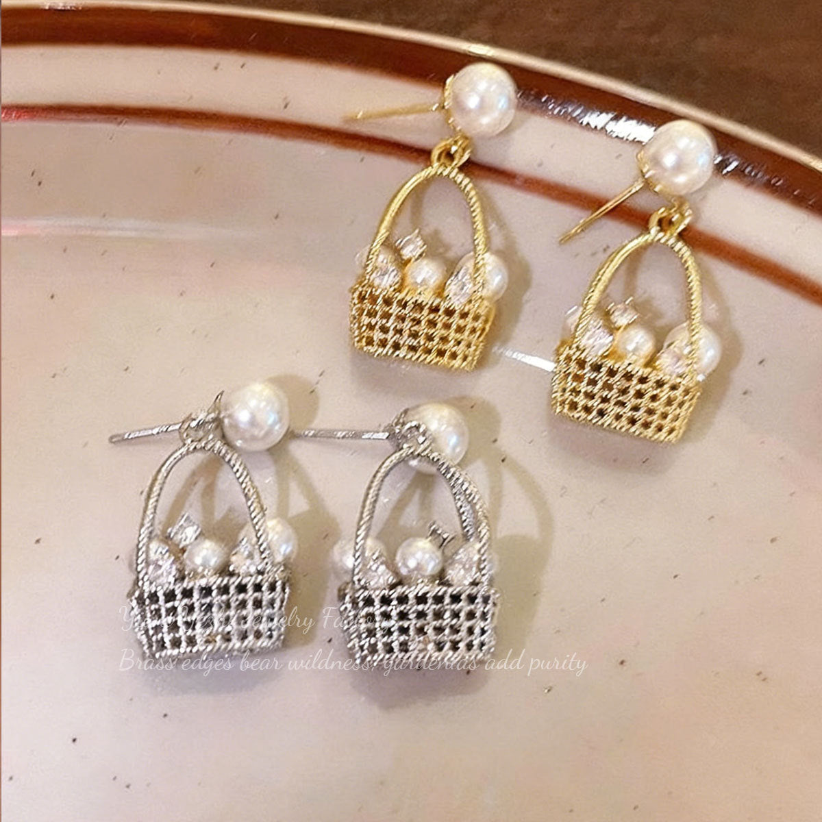 French-Style Pearl Hollow Woven Flower Basket Zircon Hoop Earrings With Copper Plated Real Gold, Exquisite Light Luxury Design Earrings For Women