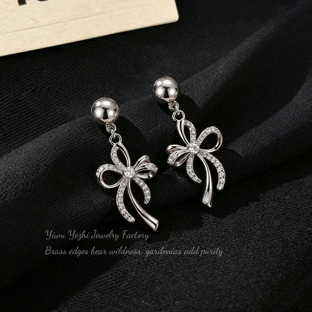 Korean-Style Lace Bow Zircon Earrings For Women, Light Luxury Niche High-End Earrings With Unique Design And Elegant Temperament