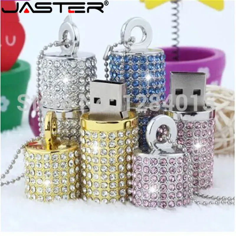 Color: Pink, Capacity: 64GB - JASTER Crystal cylindrical USB Flash Drive  fashion metal diamond pen driveu disk pendrive 4GB 8GB 16GB 32GB 64GB memory stick