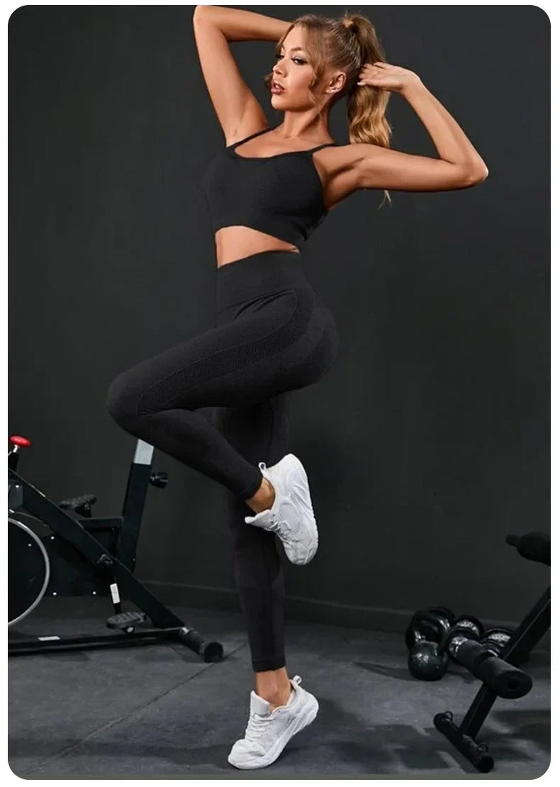2 Pieces Women's Tracksuit Seamless Yoga Set Workout Sportswear Gym Clothing High Waist Leggings Fitness Sports Suits