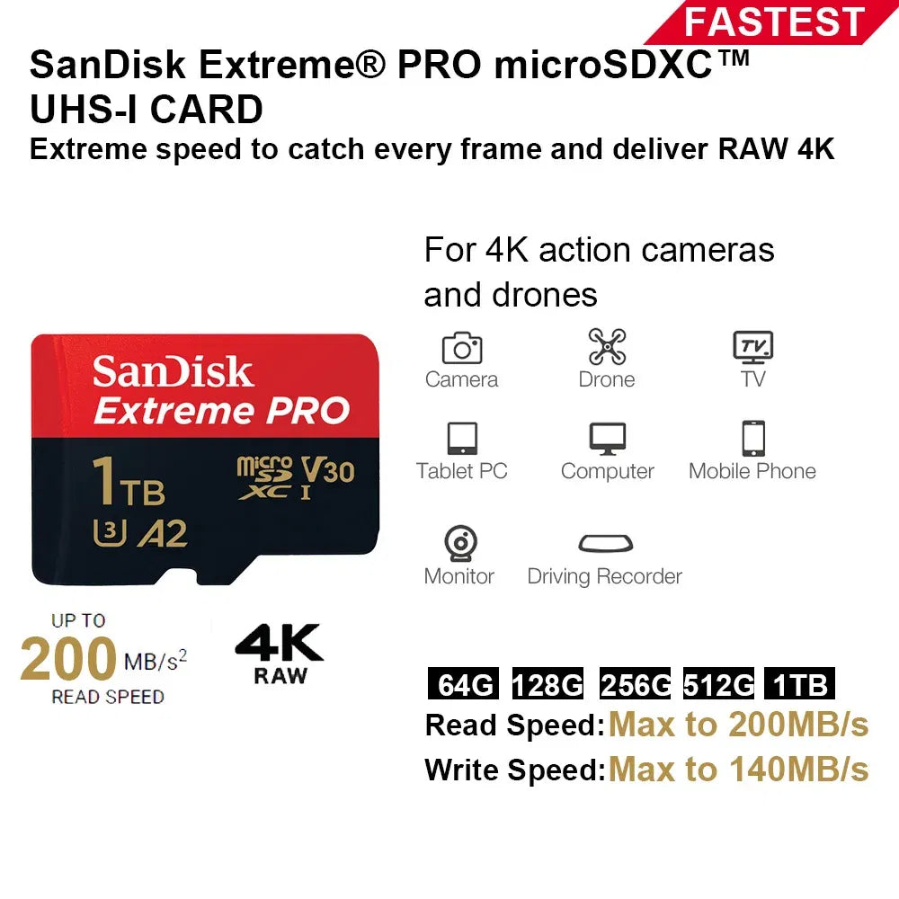 Capacity: 256GB - SanDisk Micro SD Memory Card 100% Original C10 U1 U3 4K HD Trans Flash Cards for Camera GoPro DJI Nintendo Switch MicroSDXC Card