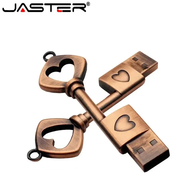 Capacity: 64GB, Color: Green - JASTER Copper Love Heart Shaped Key Usb Flash Drive Pendrive Pen Drive 32GB 64GB Metal Keys Memory Stick Creative Wedding Gift