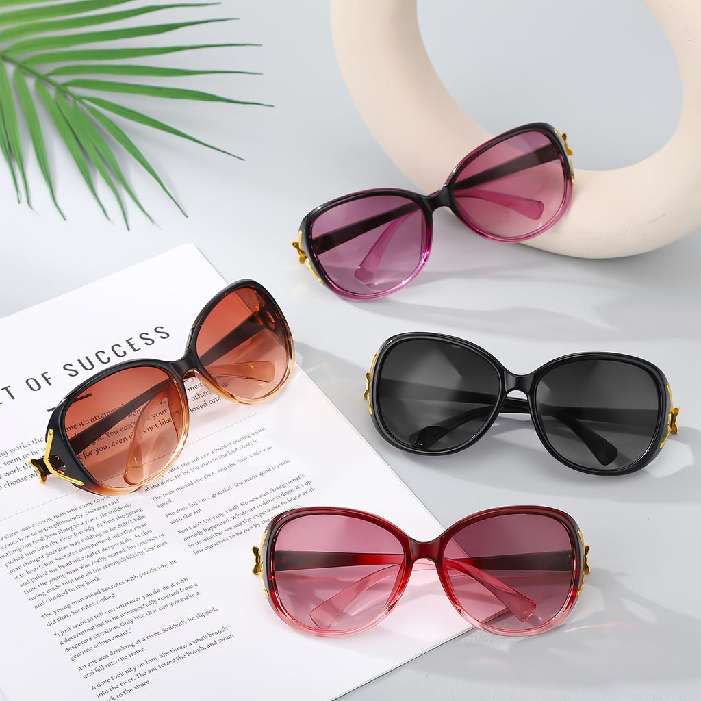 4 Pcs Oversized Oval Sunglasses For Women Uv400 Protective Gradient Lens Eyewear Delicate Gold Metal Side Ornament Comfortable Curved Temple Suitable For Beach Travel Parties And Daily Fashion Outfit