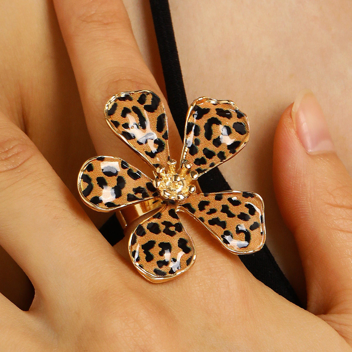 Leopard-print Flower Open Ring Vintage And Adjustable