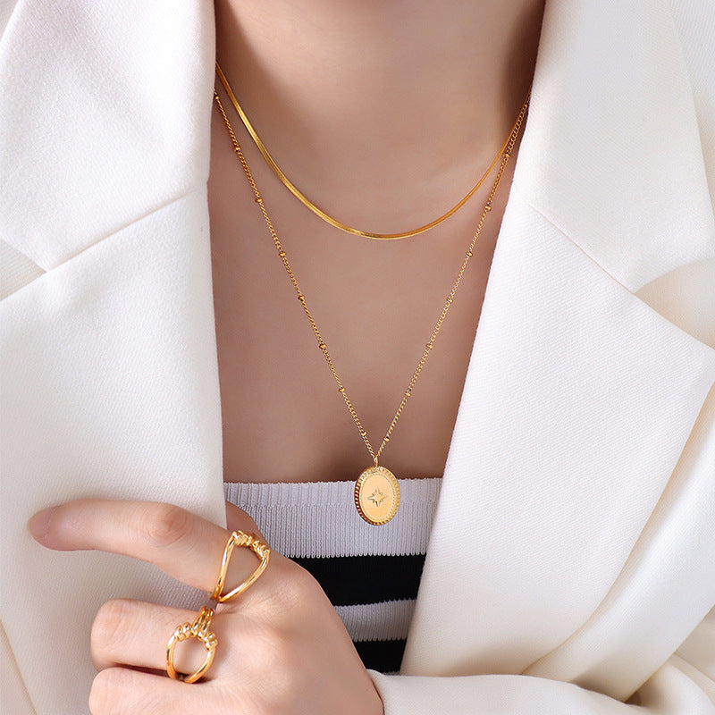 Autumn And Winter Korean Edition Oval Lace Double Layer Eight Mang Star Pendant Necklace Titanium Steel Plated 18K Gold Jewelry