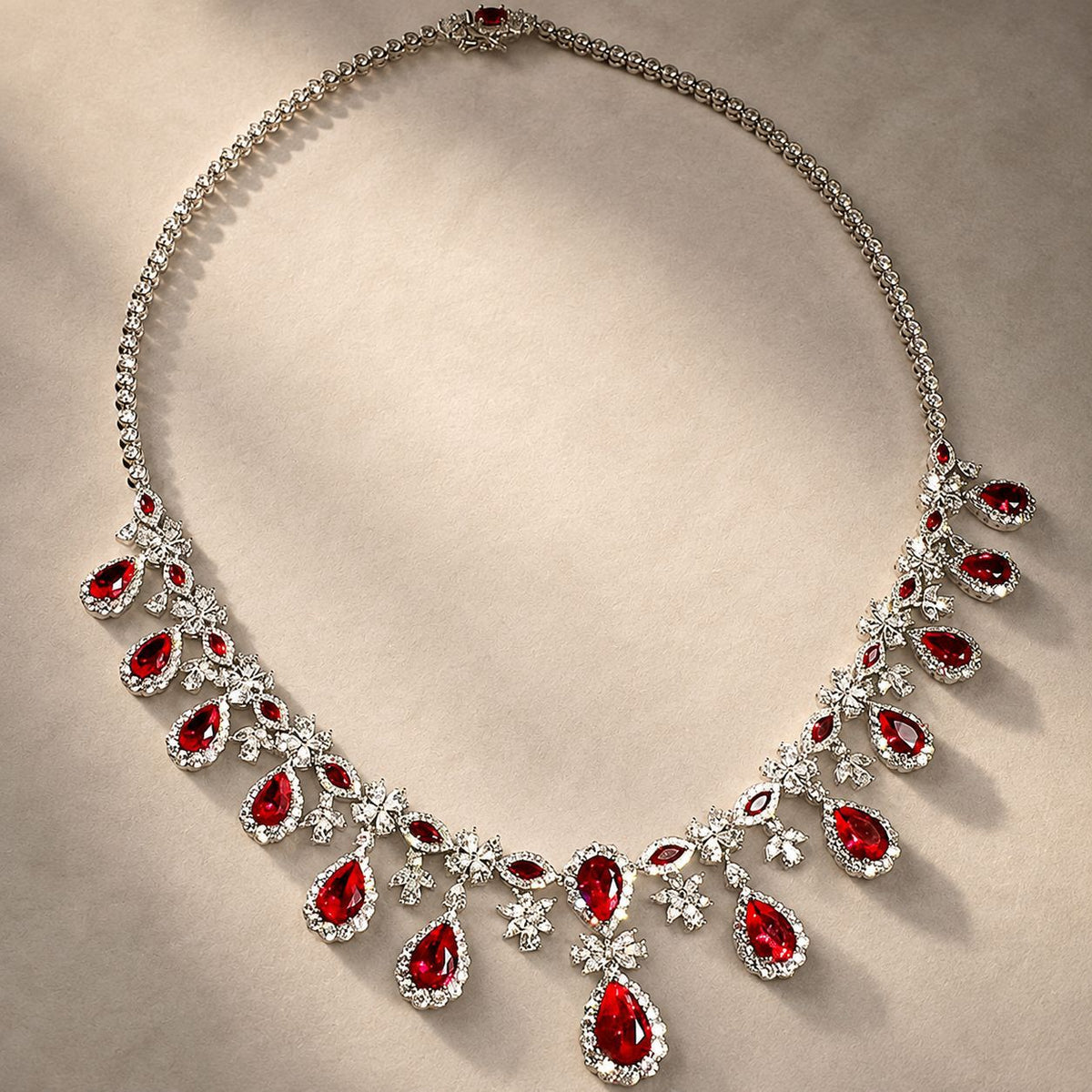 Luxurious French-style Pigeon-blood Ruby Necklace For Women, Featuring High-end Diamond Embellishments And A Long, Elegant Design