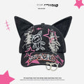 Dark-style Distressed Baseball Cap With Cat Ears Graffiti Streetwear
