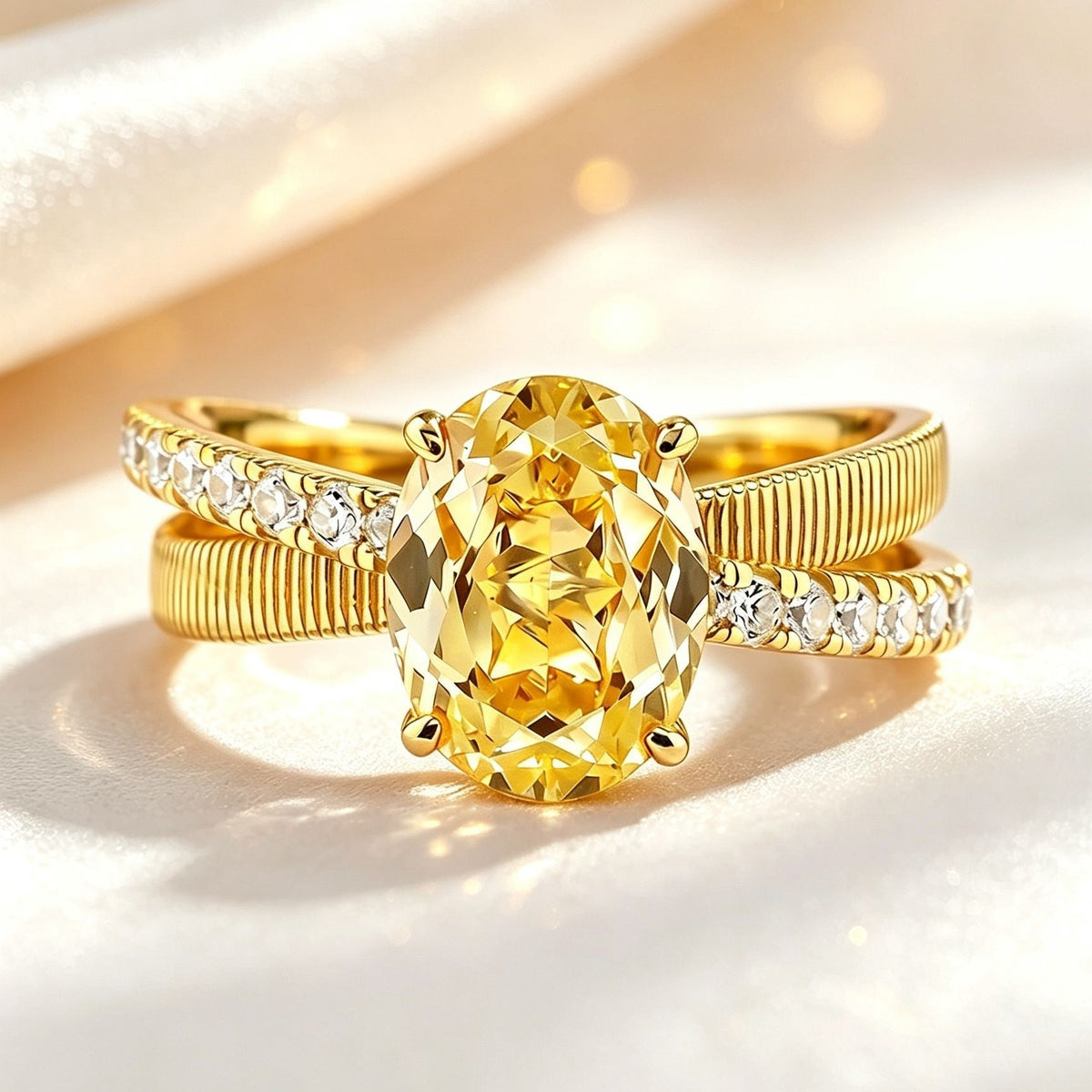 Women Italian Vintage Palace Style Oval Ring, Vertical Brushed Texture, Goose Yellow High Carbon  Flower Cut With Pink Accent , Gold Tone Statement Ring