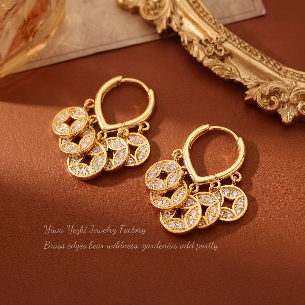 Golden Five Emperors Coin Earrings With Diamonds, Super Sparkling, Chinese Style Retro Wealth-Attracting Coin Earrings, Unique High-End Earrings