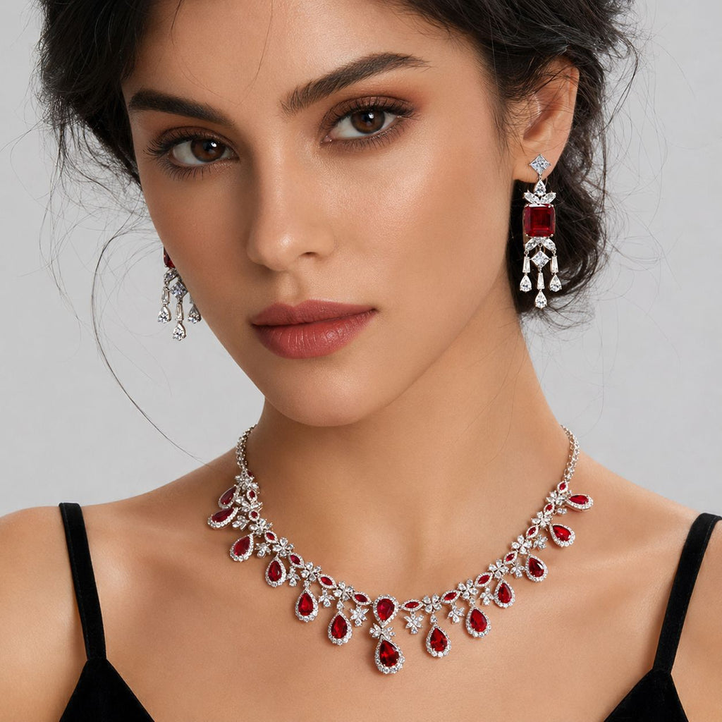Luxurious French-style Pigeon-blood Ruby Necklace For Women, Featuring High-end Diamond Embellishments And A Long, Elegant Design