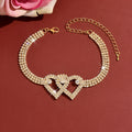 Women Intertwined Double Heart CZ Tennis Anklet, Gold Plated Summer Beach Foot Jewelry