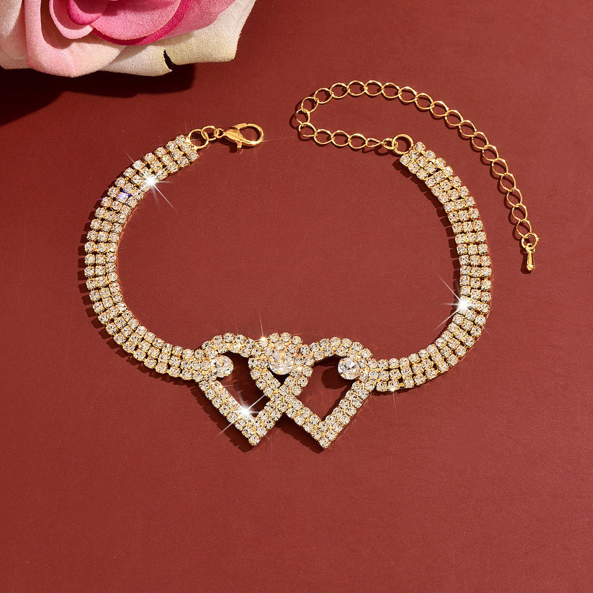 Women Intertwined Double Heart CZ Tennis Anklet, Gold Plated Summer Beach Foot Jewelry