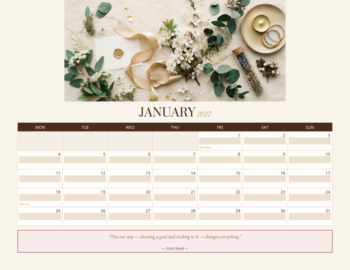 January 2027 calendar page with photo banner