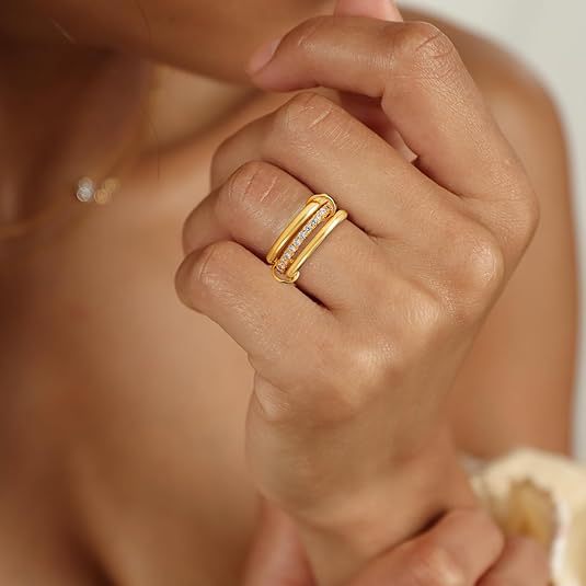 Stainless Steel Interlocking Fully Diamond-encrusted Three-ring Wave Ring
