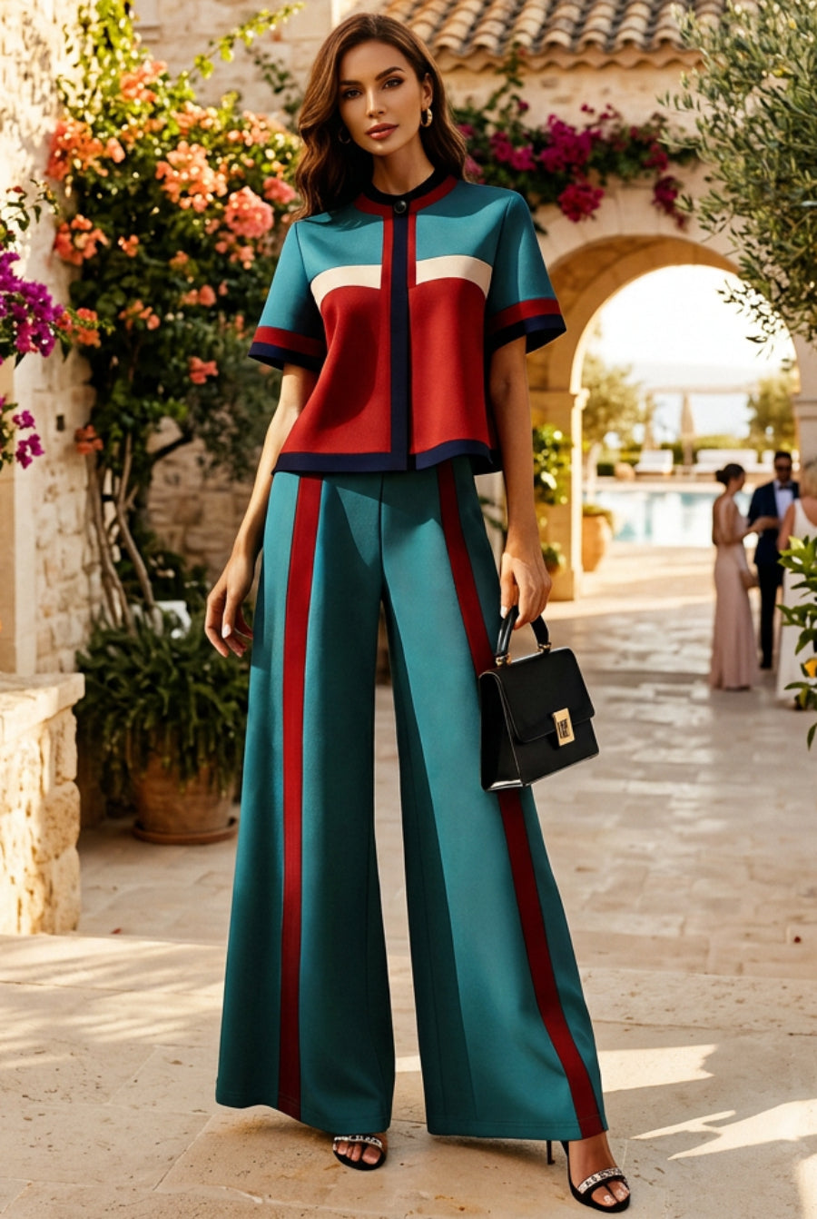 Women's Color-Block Short-Sleeve Top & Wide-Leg Pants Set