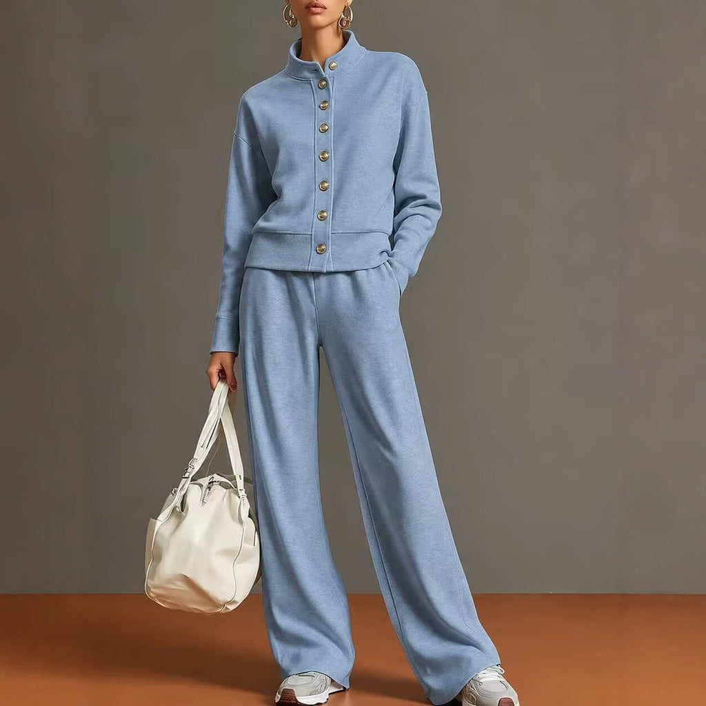 Women's Stand-Collar Button Cardigan & Wide-Leg Pants Set